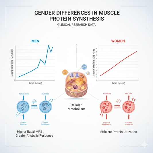 Research graphic illustrating sex differences in muscle protein synthesis between older men and women with data visualization