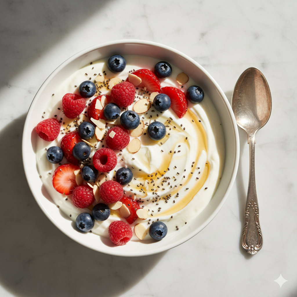 High-protein Greek yogurt breakfast bowl with Genepro, fresh berries, nuts, and seeds on marble surface