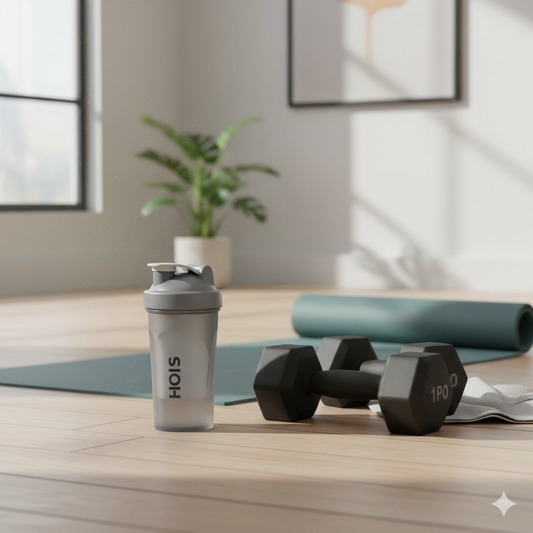 Genepro protein powder in shaker bottle with workout equipment for post-exercise recovery