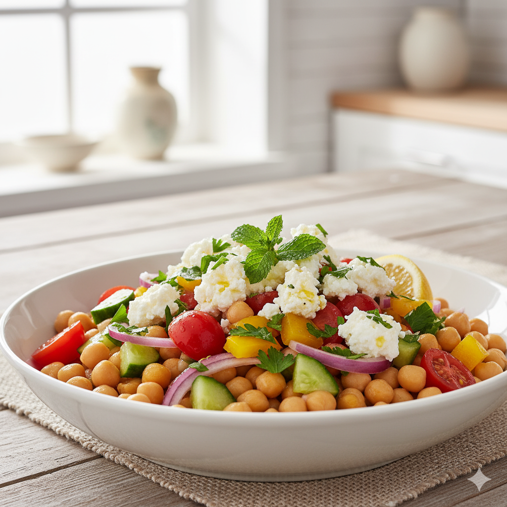 Photo of Mediterranean chickpea protein bowl with Genepro, feta cheese, and fresh vegetables