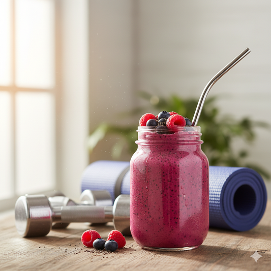 High-protein recovery shake with Genepro, fresh berries, and chia seeds in a mason jar with workout equipment