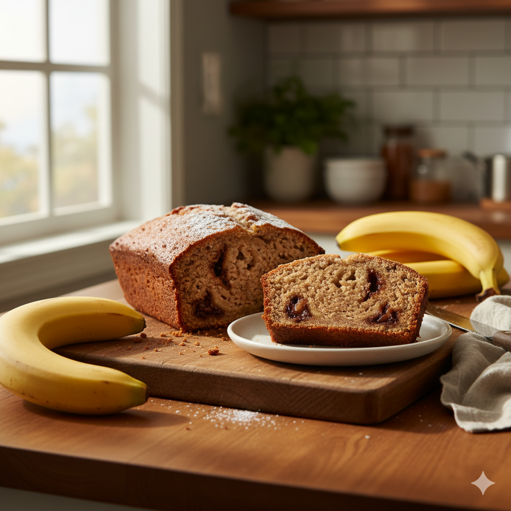Sliced high-protein banana bread made with Genepro as flour replacement, on wooden cutting board with fresh bananas