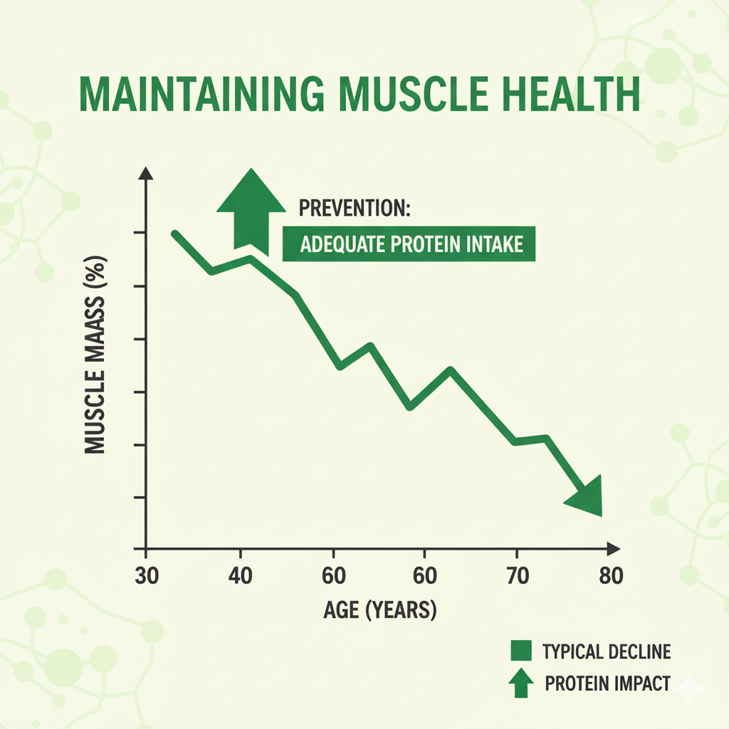 Infographic showing age-related muscle loss (sarcopenia) in women from ages 30-80 with prevention strategy arrow
