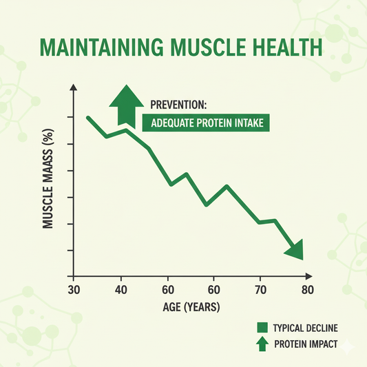 Infographic showing age-related muscle loss (sarcopenia) in women from ages 30-80 with prevention strategy arrow