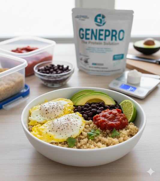 High-protein quinoa breakfast bowl with scrambled eggs, black beans, avocado slices, salsa, and fresh cilantro, made with Genepro protein powder for a balanced, filling meal.