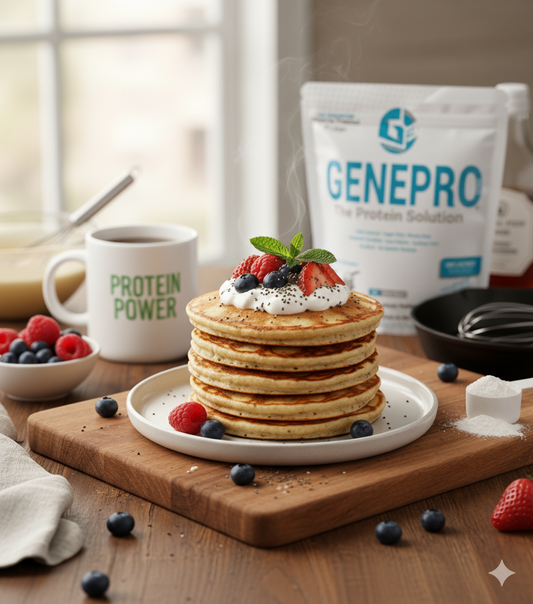 Fluffy golden protein pancakes stacked on a white plate with fresh berries and Greek yogurt, representing a high-protein, low-carb breakfast made with Genepro as a 1:1 flour replacement.