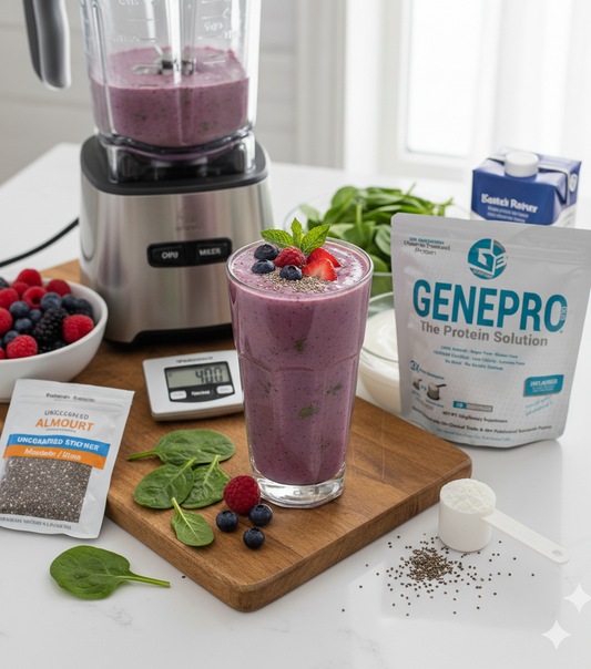 High-protein breakfast smoothie made with Genepro powder, Greek yogurt, berries, spinach, and almond milk, served in a glass with a straw on a bright kitchen counter.