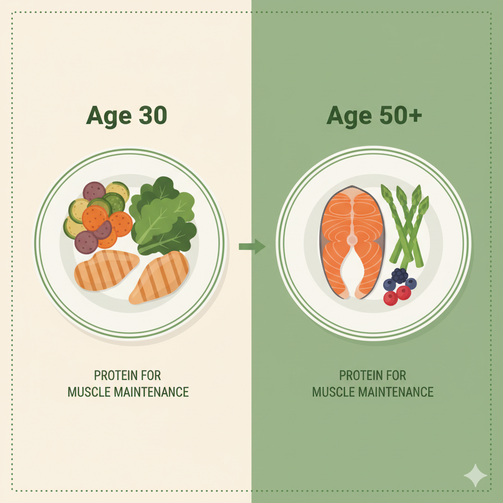 Visual comparison showing protein requirements increase with age due to anabolic resistance in women