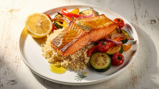 Mediterranean Salmon Plate with Quinoa and Roasted Vegetables