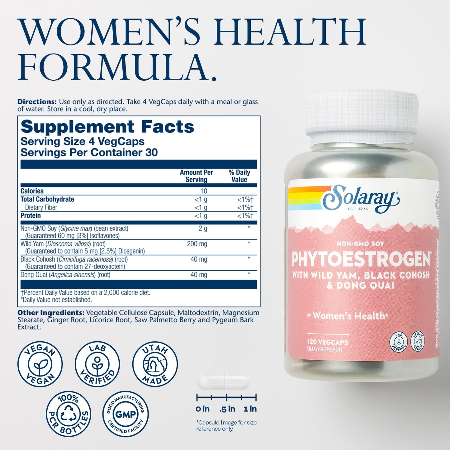 SOLARAY PhytoEstrogen Menopause Supplements with Wild Yam, Black Cohosh and Dong Quai - Phyto Estrogen Pills for Perimenopause and Menopause Support, Vegan, 60-Day Guarantee