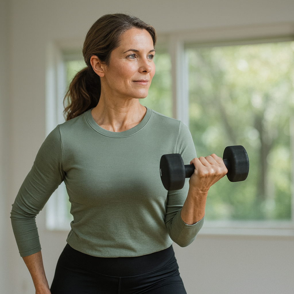Woman exercising with a dumbbell indoors after having Genepro Protein