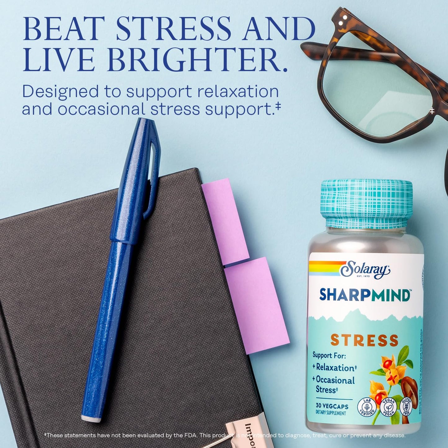 SOLARAY SharpMind Stress, Nootropic Mood Support Supplement for Relaxation and Occasional Stress Relief Support, Adaptogen with Ashwagandha, L Theanine, 60 Day Money Guarantee, 30 Serv 30 VegCaps