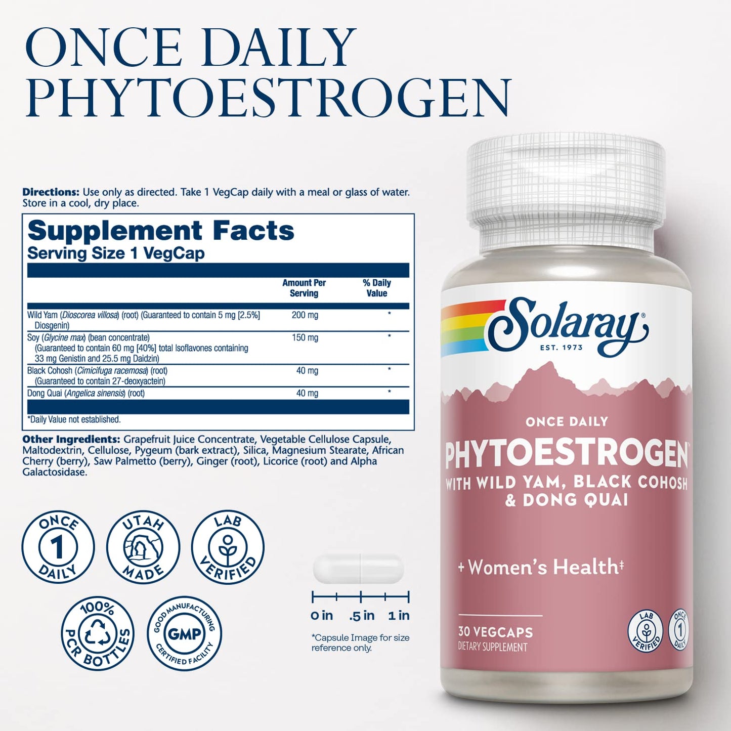 SOLARAY PhytoEstrogen Menopause Supplements with Wild Yam, Black Cohosh and Dong Quai - Phyto Estrogen Pills for Perimenopause and Menopause Support, Vegan, 60-Day Guarantee