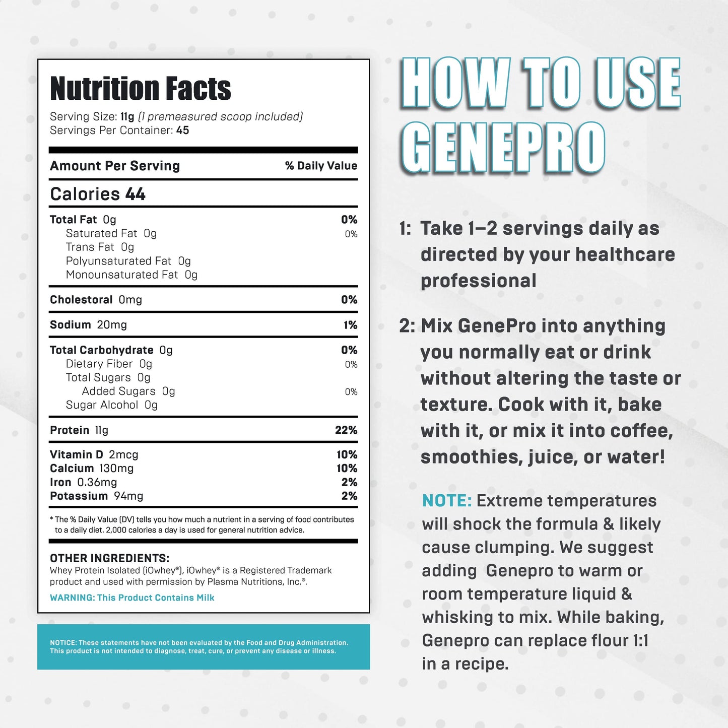 Genepro Unflavored Protein Powder - New Formula - Lactose-Free, Gluten-Free, & Non-GMO Whey Isolate Supplement Shake