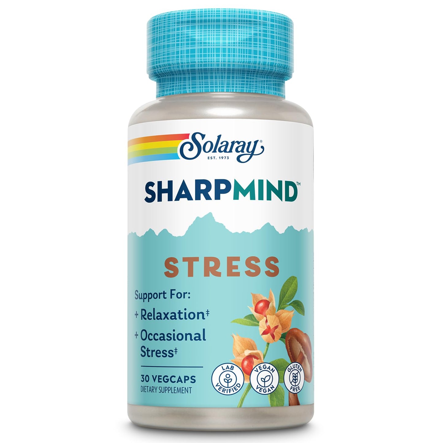SOLARAY SharpMind Stress, Nootropic Mood Support Supplement for Relaxation and Occasional Stress Relief Support, Adaptogen with Ashwagandha, L Theanine, 60 Day Money Guarantee, 30 Serv 30 VegCaps