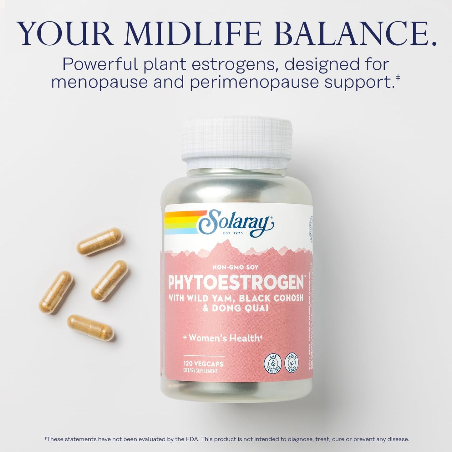 SOLARAY PhytoEstrogen Menopause Supplements with Wild Yam, Black Cohosh and Dong Quai - Phyto Estrogen Pills for Perimenopause and Menopause Support, Vegan, 60-Day Guarantee