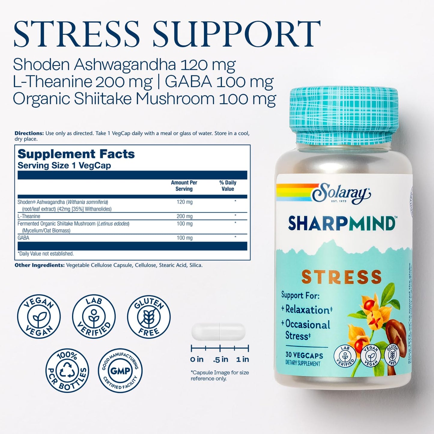 SOLARAY SharpMind Stress, Nootropic Mood Support Supplement for Relaxation and Occasional Stress Relief Support, Adaptogen with Ashwagandha, L Theanine, 60 Day Money Guarantee, 30 Serv 30 VegCaps